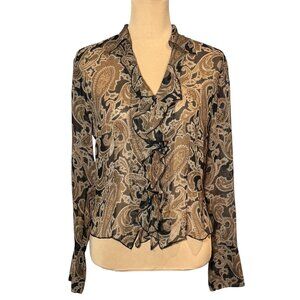 VTG Y2K Allison Taylor Paisley Blouse Sz.S Brown 100% Silk Sheer Office Siren